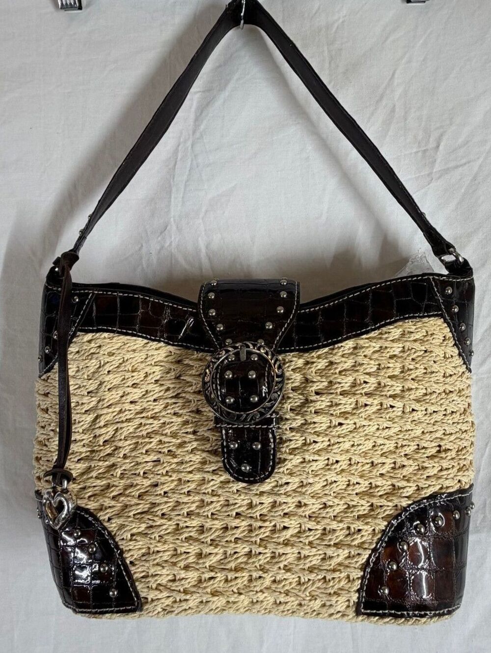 Brighton Vintage Y2K Straw Raffia Croc Emboss Leather Stud Buckle Shoulder Bag